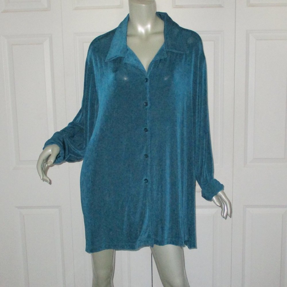CITIKNITS Teal Long Sleeve Button Down Blouse Size 3X NWT